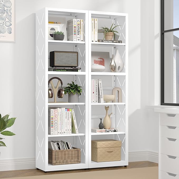 5 Tier Bookshelf, 55"Tall Metal Bookcase with Adjustable Shelves, Modern Display Book Shelf, White Bookcase Shelf, Utility Shelf, Storage Shelves for Office, Living Room, Kitchen, Study-16"W