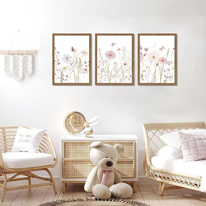 Framed Wildflower Wall Art Set of 3, Pink Floral Canvas Wall Decor Pictures, Vintage Flower Botanical Paintings, Nursery Flowers Butterfly Posters Prints for Bedroom Living Room 12x16 Inch