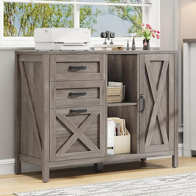 Vabches Lateral File Cabinet, Farmhouse 3 Drawer File Cabinet with Open Storage Shelf for Letter/A4/Legal Size Hanging Files, Large Wood Storage Cabinets Printer Stand for Home Office, Grey