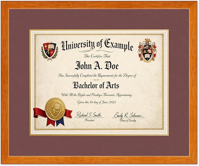 CountryArtHouse Diploma Frame Fits 17 x 13 International Diploma - Keepsake Graduation Display Honey Oak Genuine Hardwood with Dark Red Over Metallic Gold Double mat
