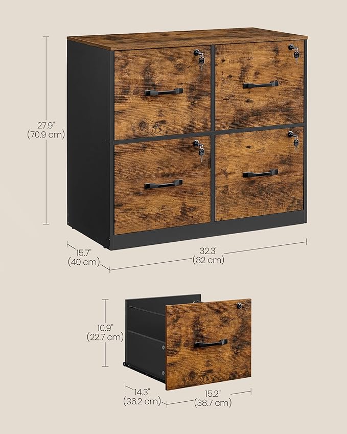 VASAGLE 4 Drawer File Cabinet with Lock, Printer Stand, Office Filing Cabinet Organizer, for A4 and Letter Size Documents, Rustic Brown and Black UOFC062B01