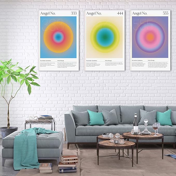 Colorful Gradient Aura Angel Numbers Poster Canvas Print Artwork Room Decor for Bedroom Aesthetic, 3 Piece Framed Inspirational Minimalist Art Paintings Decor for Bedroom Office 24"x36" x 3 Pcs