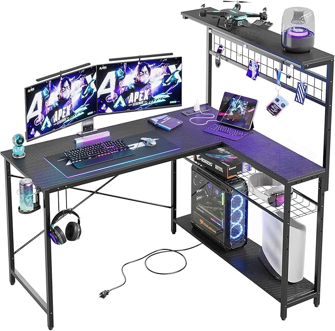 Bestier Gaming Desk 51" L-Shaped, with Power Outlets & LED Lights- 4 Tier Shelves, Reversible Gamer Table with Hooks & Cup Holder for Home Office Carbon Fiber Black