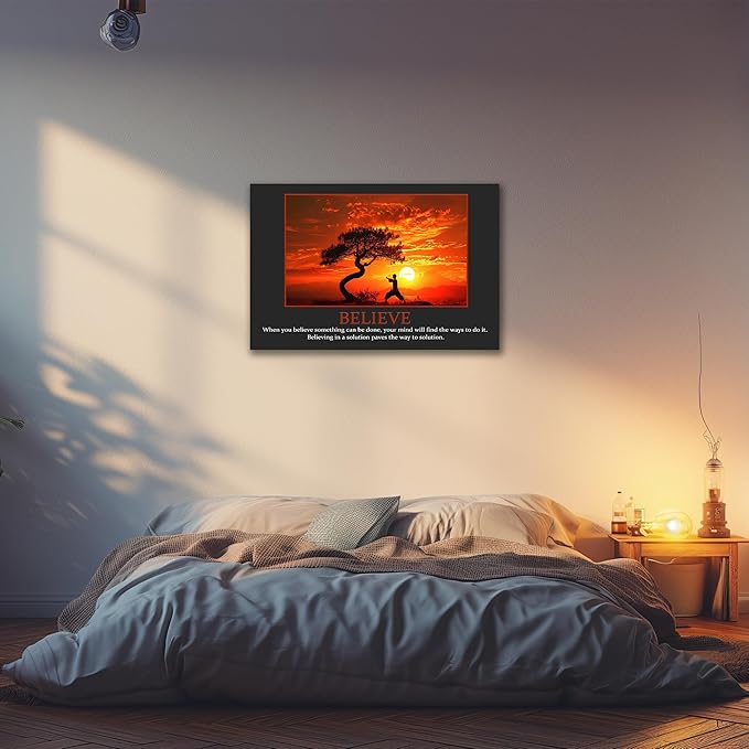 UZMKM - Office Wall Art, Motivational & Inspirational Quotes Canvas Wall Art for Home Office Wall Decor, Positive Quote Wall Decor, BELIEVE Words Poster Frame for Company Wall Decor 32x48 Inch