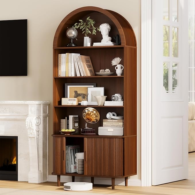 DHH 71" Tall Arched Bookshelf, 5 Tiers Arch Bookcase with Storage, Modern Farmhouse Book Shelf with Adjustable Shelves ＆Sliding Doors, Wood Display Cabinet for Living Room, Office(Walnut)
