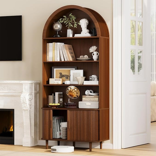 DHH 71" Tall Arched Bookshelf, 5 Tiers Arch Bookcase with Storage, Modern Farmhouse Book Shelf with Adjustable Shelves ＆Sliding Doors, Wood Display Cabinet for Living Room, Office(Walnut)