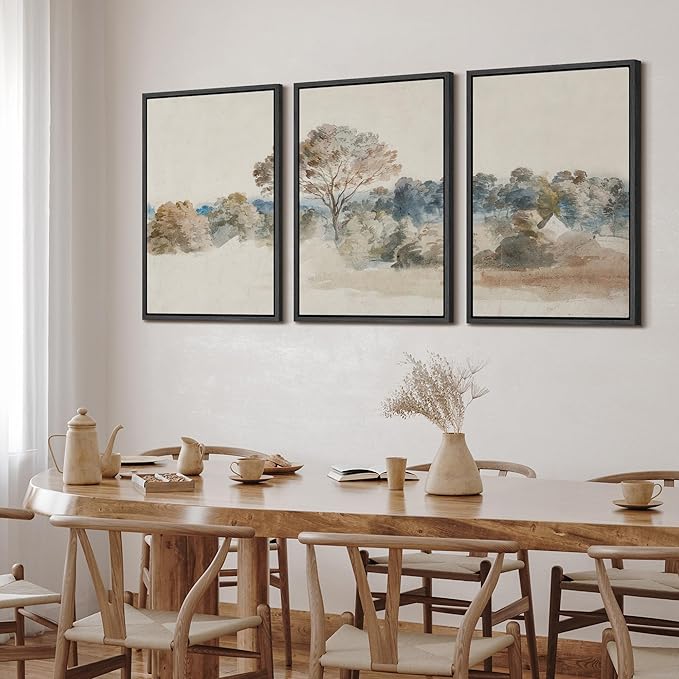 SIGNFORD Framed Wall Art Print Set Pastoral Elegance Soft Watercolor Trees and Fields Illustrations Modern Decorative Multicolor Relax/Calm Chic for Living Room, Bedroom, Office - 24"x36"x3 Black