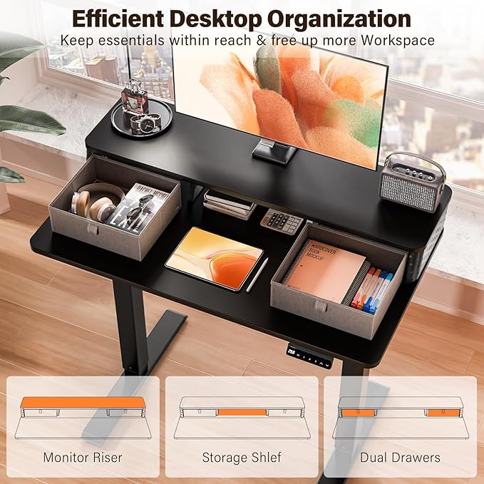 Kingant 35 x 20 Inch Small Electric Standing Desk with Dual Drawers, Height Adjustable Sit to Stand Computer Desk with Storage Shelf and C-Clamp Mount Compatibility for Home Office, Black