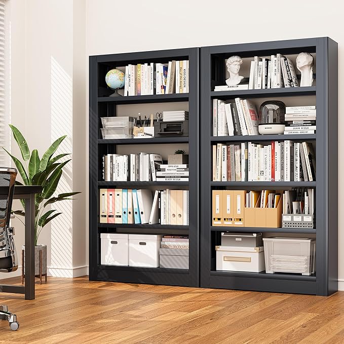 Large Metal Bookcase, 69” Modular Bookshelf with Storage, 5 Tier Bookcase with Adjustable Shelves, Extra Tall Book Shelves, Modern Book Case for Library, Office, Entryway, Living Room（Black）