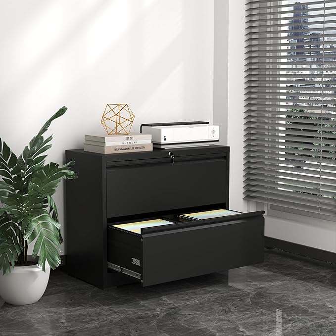 2 Drawer File Cabinet,Metal Lateral Filing Cabinet with Lock,Home Office Storage Organizer Cabinet for Legal/Letter/A4/F4 Size Files,35.5" W,Black
