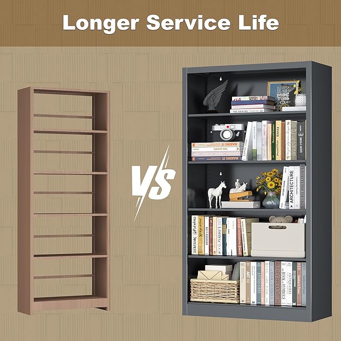Bookcase, 5 Shelf Bookcases for Books, Garage Kit, CDs, Toys, Bookshelves and Bookcases for Home Office Library Living Room, Metal Book Case with Adjustable Shelves