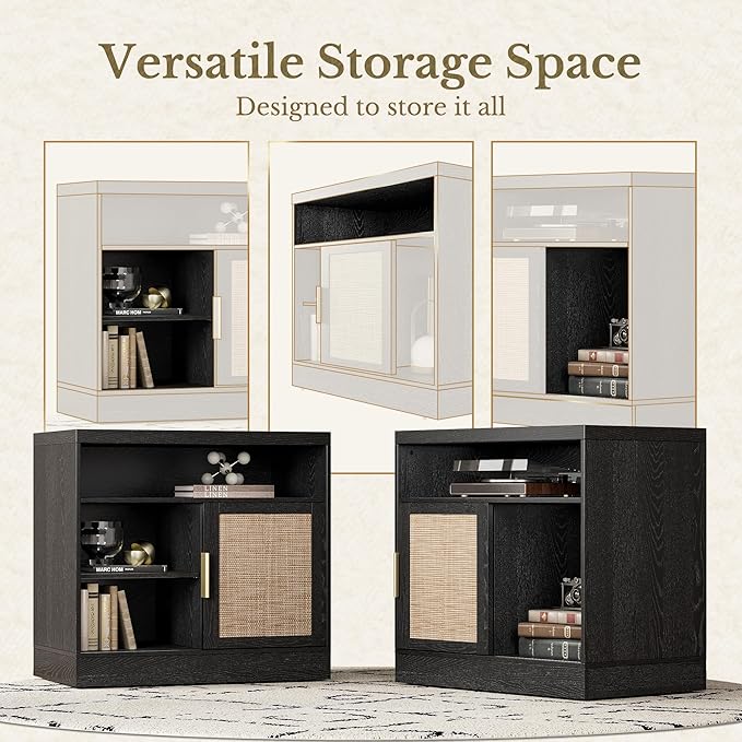 Rattan File Cabinet with Door, 32'' Lateral File Cabinet with Open Adjustable Shelves, Wood Filing Cabinet with Sliding Door for Home Office, Black