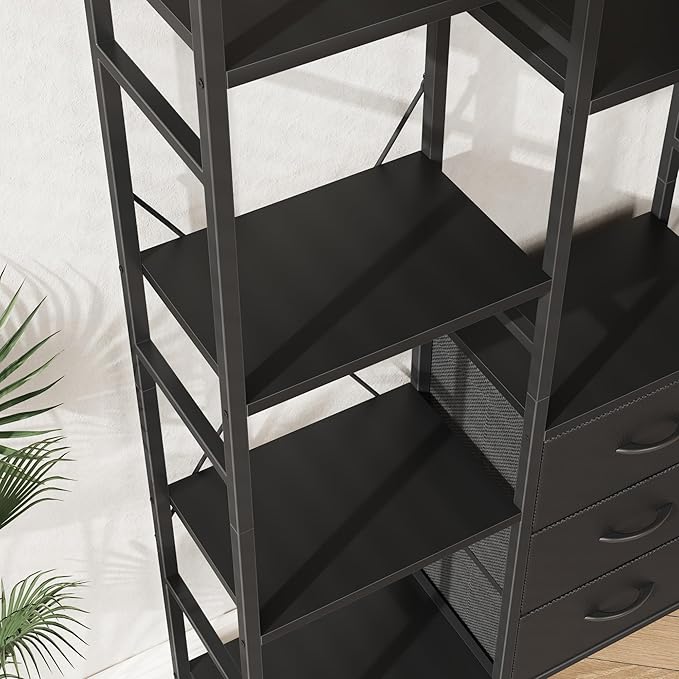 Triple Bookshelf with 3 Fabric Drawers, 4-Tier Book Shelf and 10 Display Shelves, Industrial Large Bookcase for Home & Office, Black, 47'' Wide