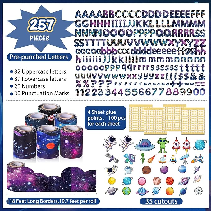 Kosiz Space Bulletin Board Decoration Set 118 ft Scalloped Bulletin Board Borders Classroom Poster Border Trim with 257 Pcs Letter Number Symbol Cutout for School Decor