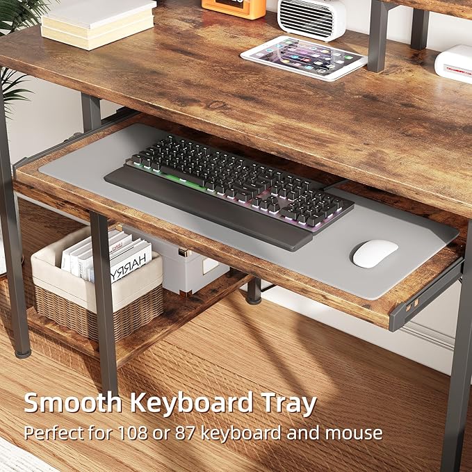 VERMESS 48Inch Computer Desk, Home Office Desks with Keyboard Tray, Gaming Desk with CPU Stand Shelf,Industrial Study Table Wide Writing Desk with Storage Shelves for 2 Monitors, Rustic Brown