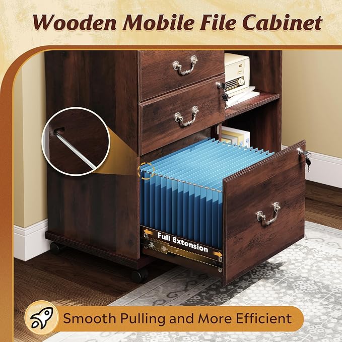 DEVAISE 3 Drawer File Cabinet with Charging Station, Wood Lateral Filing Cabinet with Lock, Rolling Printer Stand with Storage for Home Office, Brown Oak