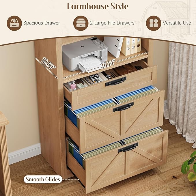 Arched Farmhouse File Cabinet with 2 Drawers for Legal, Letter, and A4 Size Hanging Files, Large Wooden File Cabinet for Home Office with Printer Stand and Bookshelf, Natrual