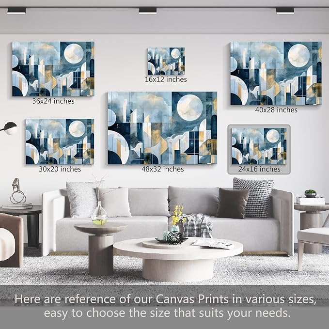 gaosoul Modern Abstract Canvas Wall Art Blue Artistic Cityscape Geometry Paintings Framed Minimalism Stylish Artwork Prints for Living Room Bedroom Office Decor 24x16in