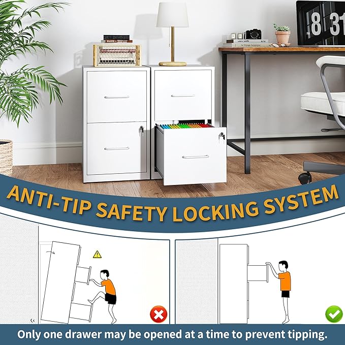 2 Drawer File Cabinet with Lock, Vertical Filing Cabinets for Home Office, Metal Storage Cabinet, Heavy Duty File Cabinet for Under Desk, Amsseble Required, White
