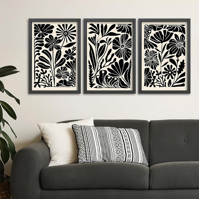 TQianJiang Flower Plant Sign Wall Decor 24"x16" Set of 3 Black And White Botanical Painting Wood Framed for Bedroom Abstract Wildflower Hanging Art (Black)