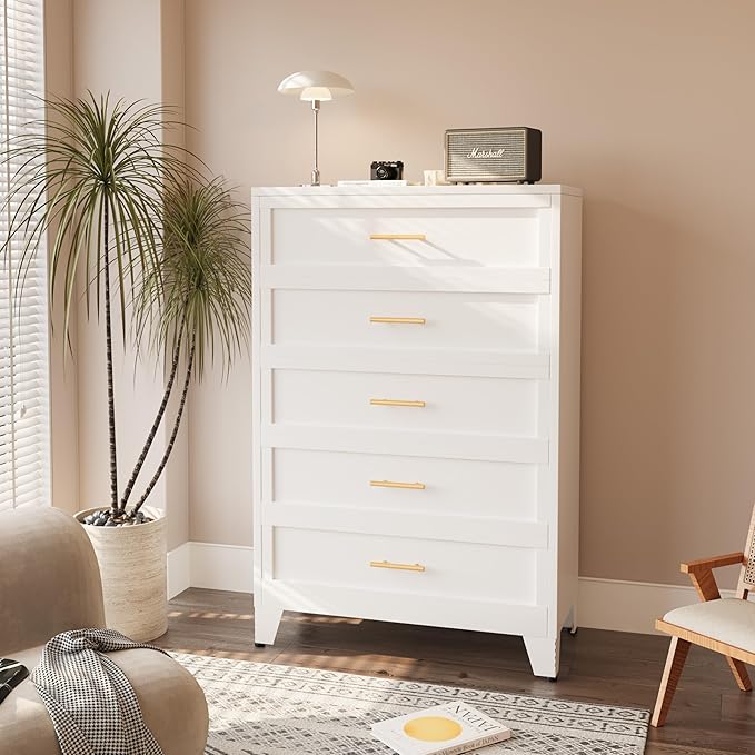 Tall 5 Drawers Dresser for Bedroom, Metal Drawer Dresser Chest Organizer, Drawer Cabinet for Home Office Collection and Storage Small Size Files (White)