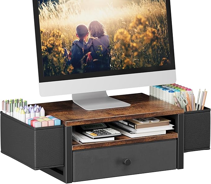 Homeiju Desk Organizers and Accessories, 3-Tier Computer Monitor Stand Riser with Fabric Drawer & 6 Pen Holder, Office Desk Accessories Workspace Desktop Organizer for Office Supplies, Rustic Brown