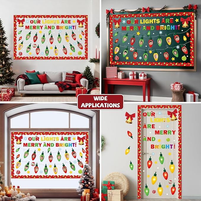 Christmas Bulletin Board Set Xmas Merry and Bright Classroom Decorations Light Bulb DIY Photo Paper Cutouts Winter Holiday Bulletin Board Border for School Wall Xmas Party Decor Teacher Supplies