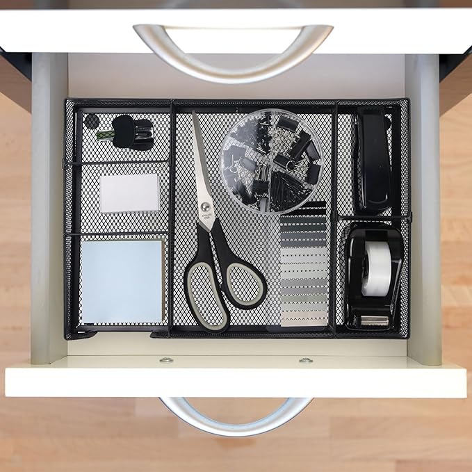 Buqoo Black Office Supplies Set,Black Office Desk Accessories,Desk Drawer Organizer,Stapler and Tape Dispenser Set,Tape,Staple Remover, Staples, Paper Clips, Scissor and Sticky Note