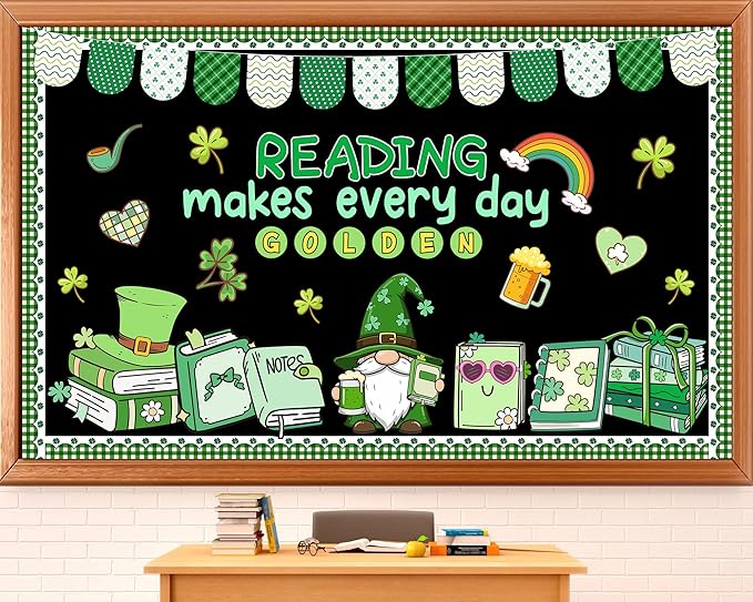 St. Patrick's Day Reading Bulletin Board Set Motivational Reading Classroom Decoration St. Patrick Bulletin Board Lucky Shamrock Gnomes Cutouts for Irish Holiday Home Classroom Chalkboard Wall Decor
