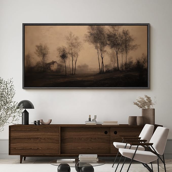 SIGNFORD Extra Large Framed Canvas Print Wall Art Vintage Sepia Countryside Trees and Cottage Illustrations Modern Art Calm Warm for Living Room, Bedroom, Office - 60"x30"