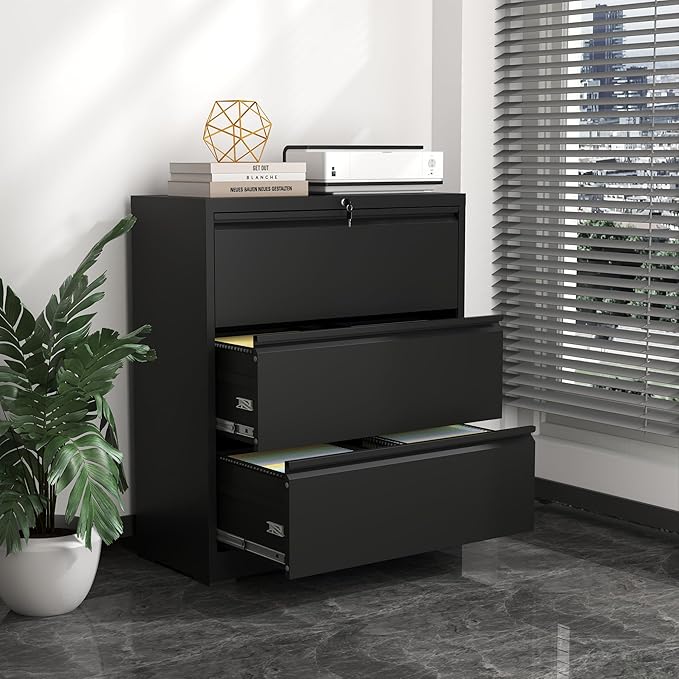 3 Drawer File Cabinet,Metal Lateral Filing Cabinet with Lock,Home Office Storage Organizer Cabinet for Legal/Letter/A4/F4 Size Files,35.5" W,Black