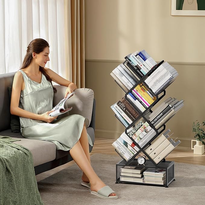 Metal 6 Tier Bookshelf, No Assembly Needed Foldable Bookcase with Storage Cabinet, Sturdy Standing Shelf for Bedroom Office Corner, Black