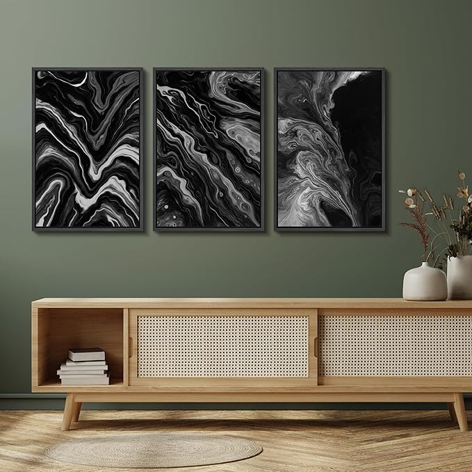 SIGNFORD Framed Wall Art Print Set Monochrome Swirl Abstract Contemporary Black and White Digital Art Modern Art Contemporary for Living Room, Bedroom, Office - 16"x24"x3 BLACK