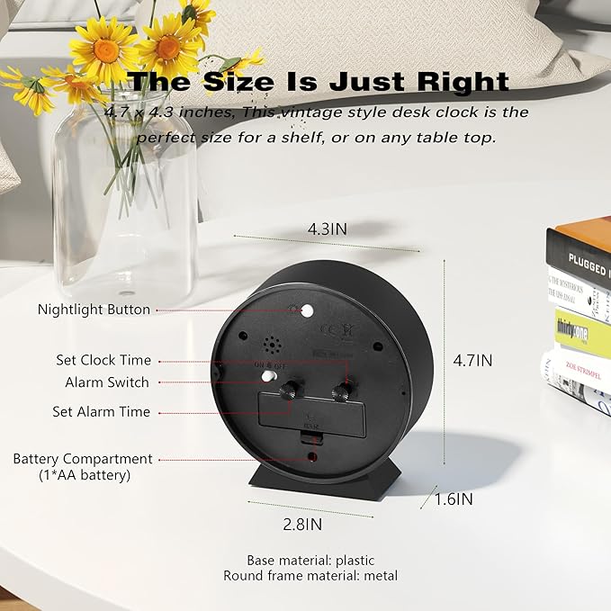 AYRELY® 4.5" Analog Alarm Clock,Small Retro Desk Clock Battery Operated,Slient Metal Table Clock with Light for Living Room Decor,Bedroom,Bedside,Shelf (Black)