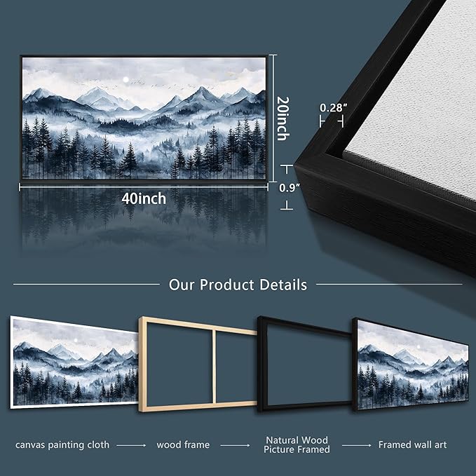 ERQINHUA Black Framed Canvas Wall Art For Bedroom Large Wall Decorations For Living Room Modern Office Mural Misty and Fog Forest Painting Mountain Landscape Pictures Artworks Home Decor 20x40 In
