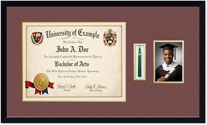 CountryArtHouse Diploma Tassel and Photo Shadowbox Fits 17 x 13 International Diploma with Tassel Hook a Matte Black Genuine Hardwood with Dark Red Over Metallic Gold Double mat