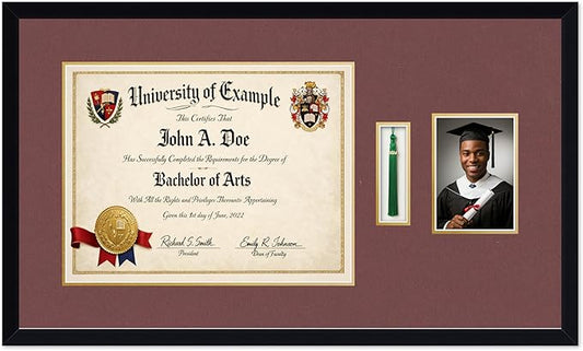 CountryArtHouse Diploma Tassel and Photo Shadowbox Fits 17 x 13 International Diploma with Tassel Hook a Matte Black Genuine Hardwood with Dark Red Over Metallic Gold Double mat