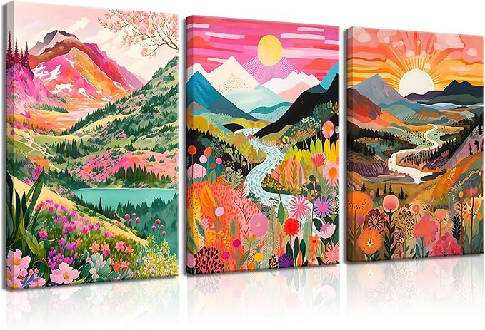 3Pcs Colorful Watercolor Mountain Canvas Wall Art Boho Floral Painting Picture Wall Decor Abstract Nature Landscape Poster Print Artwork for Living Room Bedroom Bathroom Office Home Decoration 16x24in