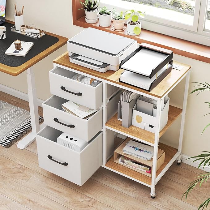GOFLAME 3 Drawer Mobile File Cabinet with Charging Station, Rolling Printer Stand with Open Storage Shelves, Wooden Storage Cabinet on Wheels for Home Office (Natural and White)