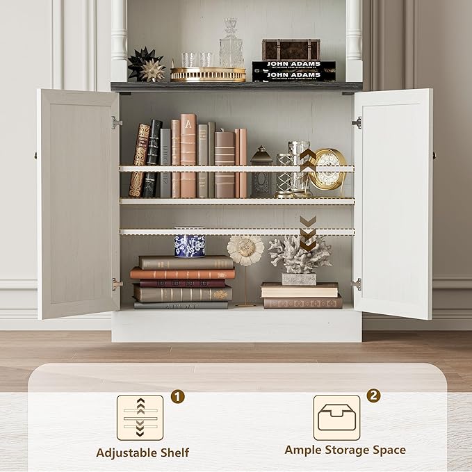 71'' Tall Bookshelf with Doors, Bookcase Storage Cabinets with 5-Tier & Adjustable Shelves, Wooden Deep Book Shelf Kitchen Pantry for Living Room, Office, Bathroom, Antique White