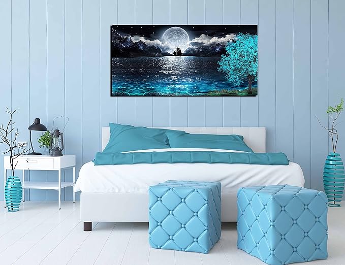 aburaeart Moon Sea Ocean Large Canvas Wall-Art For Living Room - Blue Tree Wall Decor - Large Artwork On Canvas Print Ready To Hang 29" x 59"