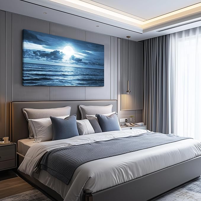 wall art for living room Decorations Photo Prints - blue sea view The moon Landscape - Modern Home Decor The room Stretched and Framed Ready to Hang artwork (Blue Ocean&Moon, 30x 60inch x 1pcs)