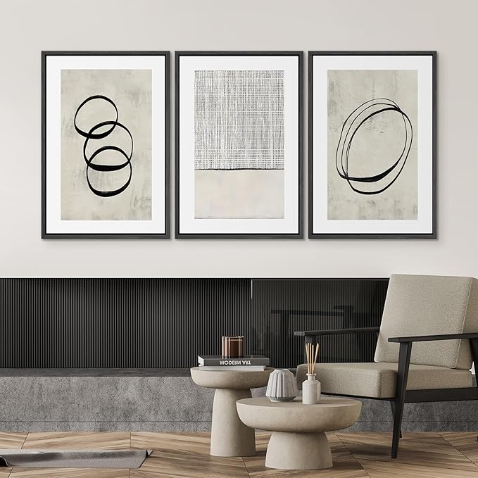 SIGNWIN Framed Canvas Print Wall Art Set Geometric Ring Grid Landscape Graffiti & Street Art Abstract Cozy Neutral Modern Art Decorative Nordic for Living Room, Bedroom, Office - 24"x36"x3 Black