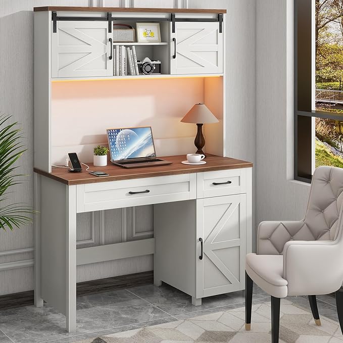 Farmhouse 47" Executive Desk, Computer Desk with 2 Drawers, LED Light and Storage Cabinet, Home Office Desk with Hutch, Charging Hub, Workstation for Home Office and Study,(Unique White