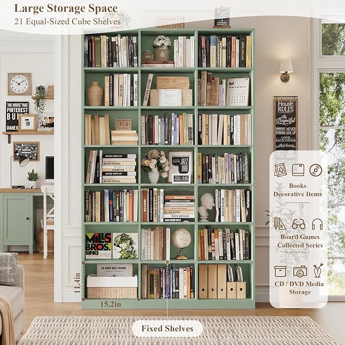 HOSTACK 86" H Triple Wide Bookshelf and Bookcase, 7 Tier Tall Bookshelf with Storage, Large Bookcase with 21 Open Display Storage Shelves, Wood Book Shelf Media CD DVD Storage for Living Room, Green