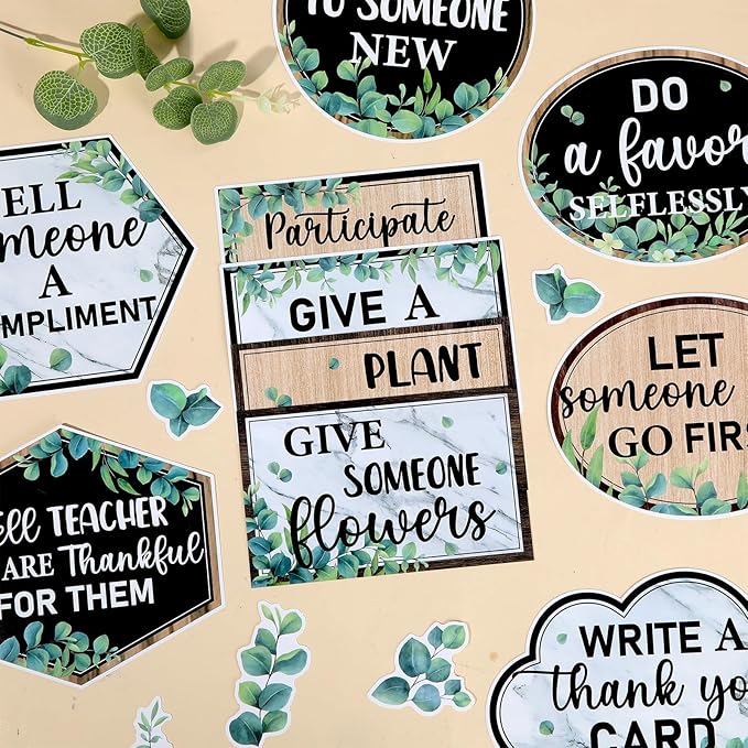 Greenery Random Acts of Kindness Bulletin Board Set Eucalyptus Classroom Bulletin Board Decorations Kindness Challenge Cutouts Classroom Decorations for Back to School Office Chalkboard Decor