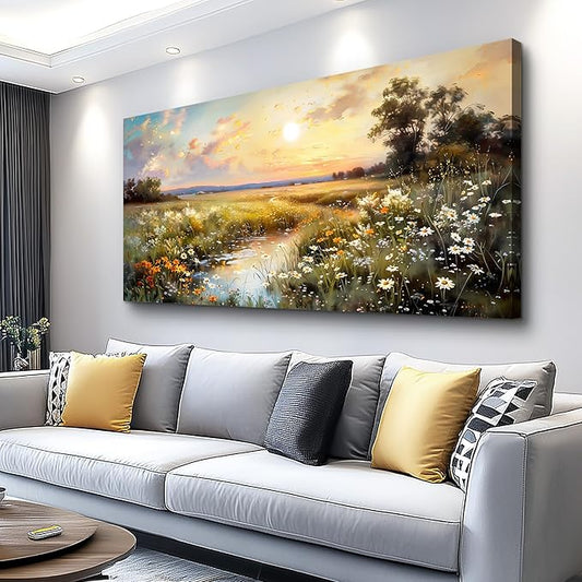hyidecorart Large Canvas Wall Art for Living Room Wall Decor Bedroom Vintage Farmhouse Wildflower Wall Painting Office Decorations Nature Landscape Picture Artwork Aesthetic Home Decor Ready To Hang