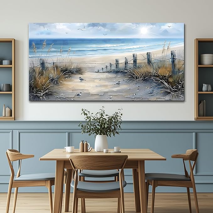 FUHAIHUA Canvas Decorations For Living Room Large Wall Art For Office Modern Bedroom Wall Decor Beach Wall Painting Blue Ocean Sea Wave Pictures Artwork Aesthetics Posters Home Decor 24X48 In