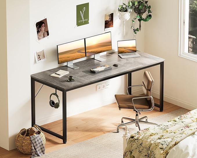 Casaottima 63 Inches Small Computer Desk, Work Study Table for Home Office, Kids Student Writing Desk with Headphone Hooks, Grey