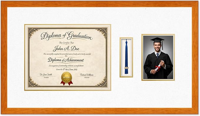 Diploma Tassel and Photo Frame Honey Oak Shadowbox Oyster Shell Over Gold Mat - Fits 13 x 10 Degree Picture Made in the USA